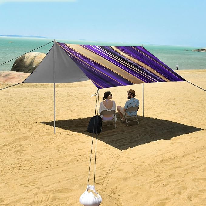 xigua Purple Texture Beach Tent Sun Shelter with Carrying Bag - Silver Coated Oxford Fabric Beach Canopy for Beach Camping Fishing - Includes Windproof Ropes Sandbags &amp Stakes