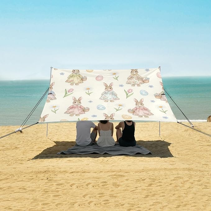 xigua Easter Bunny Beach Tent Sun Shelter with Carrying Bag - Silver Coated Oxford Fabric Beach Canopy for Beach Camping Fishing - Includes Windproof Ropes Sandbags &amp Stakes