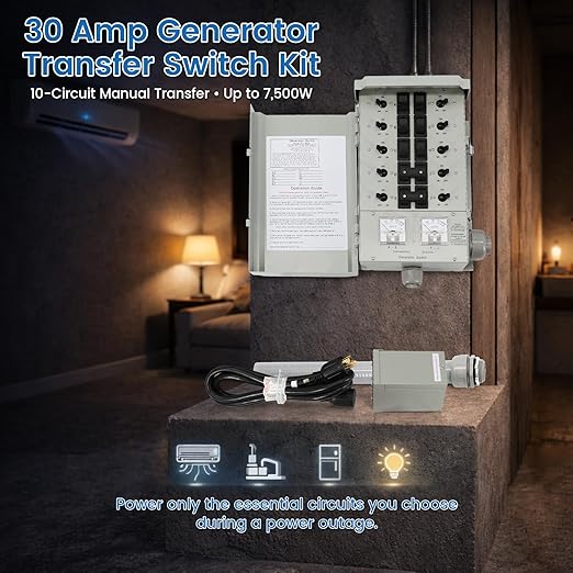 EGS107501G2KIT 30A 10-Circuit Generator Transfer Switch Kit 120/240V Backup Power7500W Includes Inlet Box &amp 10ft L14-30 Cord Built-in Watt Meters Backfeed Protection