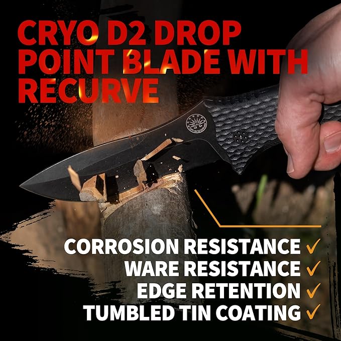 Off-Grid Knives - Backcountry Blackout V2 Fixed Blade with Cryo D2 Blade Steel Full Tang Grippy G10 Scales Kydex Sheath with Lo-Pro Belt Clip Camping Hunting Bushcraft Survival