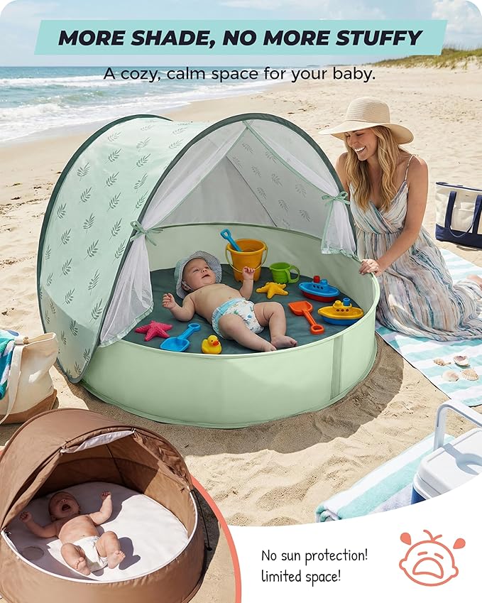 Baby Beach Tent with Pool 3-in-1 Upgrade Pop Up UPF 50+ Sun Protection Shelter with Mosquito Net Babies Toddlers Portable Outdoor Summer Essentials for Beach Backyard Indoor- Green Leaves