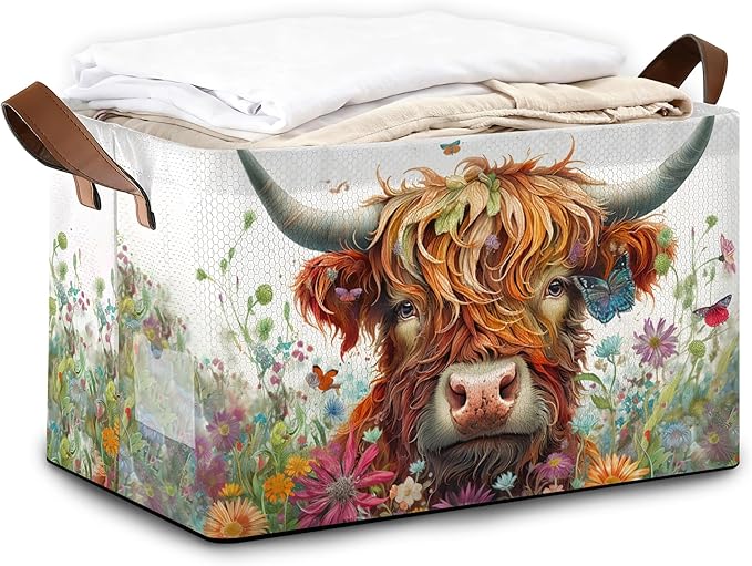 Flower Highland Cow Storage Bins with Handles Collapsible Storage for Clothes Gift Basket Blankets &amp Closet Organization