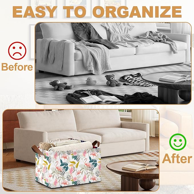 Storage Bin with Handles Forest Pink Flamingo Collapsible Laundry Baskets for Books Laundry - Use in Nursery Closet Organizers and Storage Blanket Basket