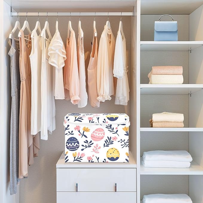 Doodle Easter Eggs and Flower Pattern Foldable Storage Baskets Fabric Boxes with Handle Organizers with Flip-Top Lids Storage Bins for Home Bedroom Office