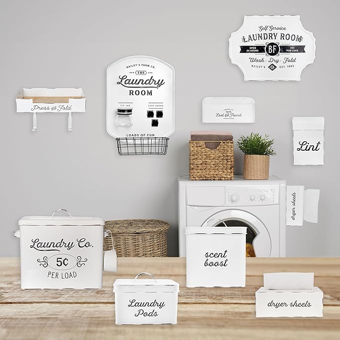AuldHome Design Farmhouse Laundry Powder Container White Enamelware Detergent Bin w/Scoop