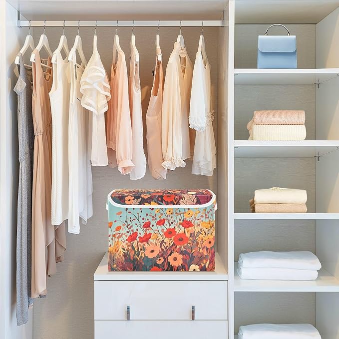 Collapsible Storage Bins with Lids Decorative Fabric Storage Cubes Closet Organizer and Storage Basket Boxes Containers for Clothes Box Chest Nursery Folding Rectangle Autumn Poppy Flowers