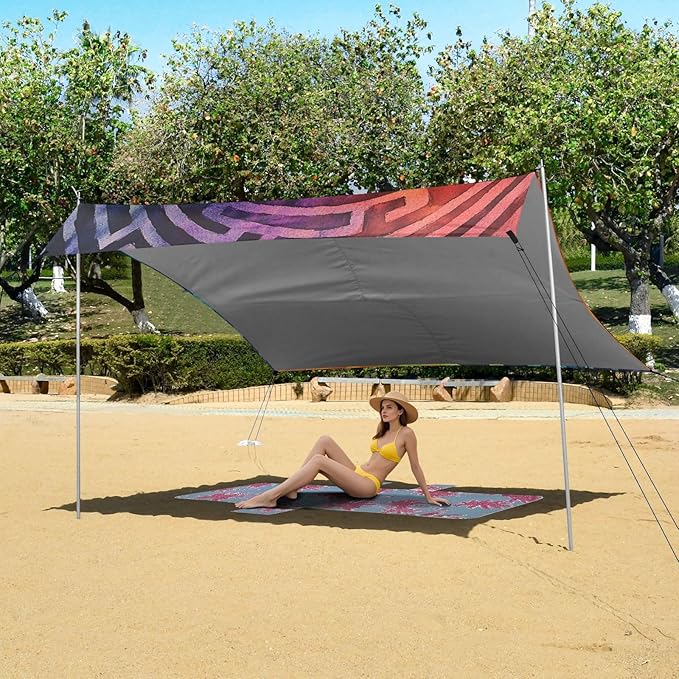 Dynamic Swirl Art Beach Cabana UPF50+ Protection Easy Setup Large Sun Shelter with Sandbags &amp Sand Shovel for Family Trips Picnics &amp Camping