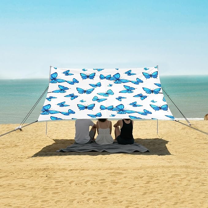Beach Canopy with Windproof Ropes &amp Sandbags Beach Tent Sun Shade Sun Shelter for Camping Trips Fishing Backyard Fun or Picnics Blue Butterfly