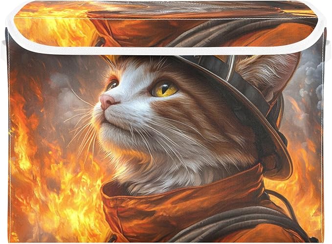AIXIWAWA Lidded Storage Cube (Firefighter Cats) Fabric Foldable Closet Bins with Flip Lid and Handles Organizer Basket Container 16.5 x 12.6 x 11.8 IN