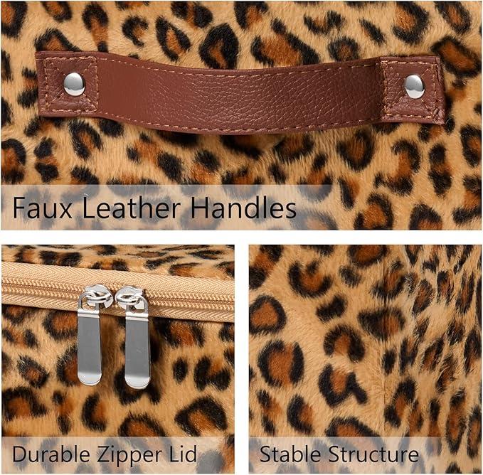 4PCS Storage Cubes with Zipper Lid 11 Inch Leopard Print Velvet Fabric Cute Decorative Storage Bins Boxes PU Leather Handles Closet Organizer Container Foldable Washable Shelf Basket