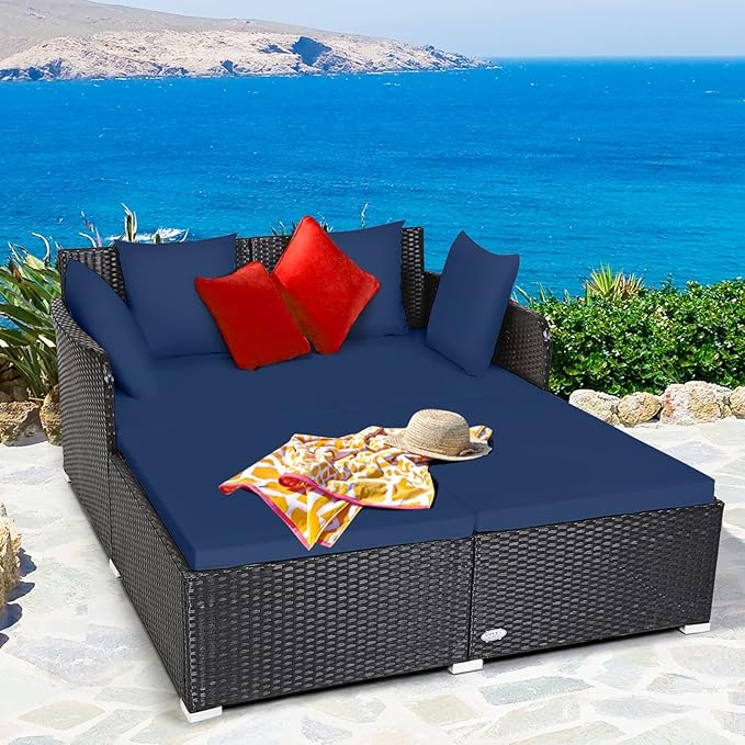 Tangkula Outdoor Rattan Daybed Sunbed Wicker Furniture w/Spacious Seat Upholstered Cushion &amp High-Resilience Sponge Wicker Patio Sofa Set w/Extra Pillows for Courtyard Poolside (Navy)