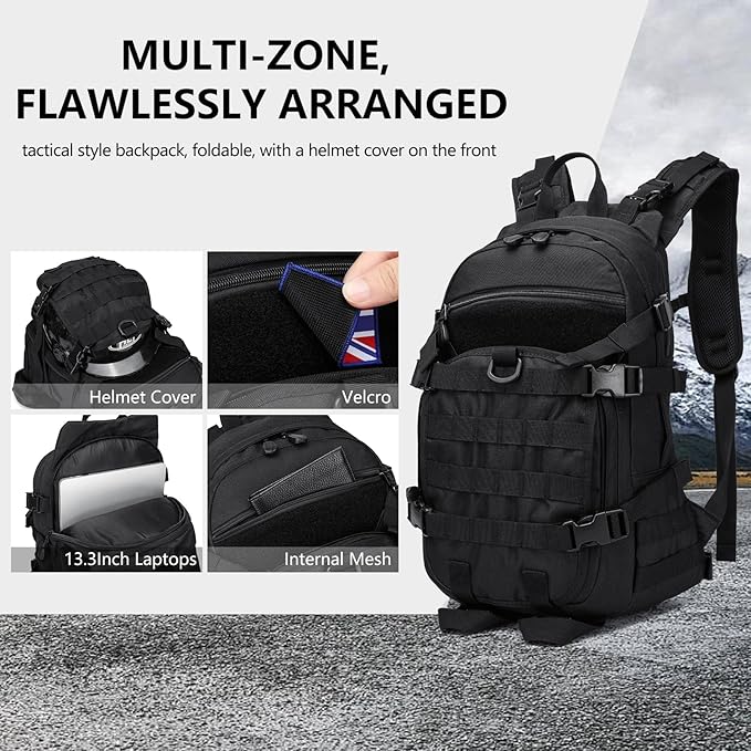 25L Small Tactical Backpack For Men Military Waterproof Backpack With Multiple Pockets 3-Day Bug Out Bag Molle Backpacks For Camping Hiking Military Traveling (Black)