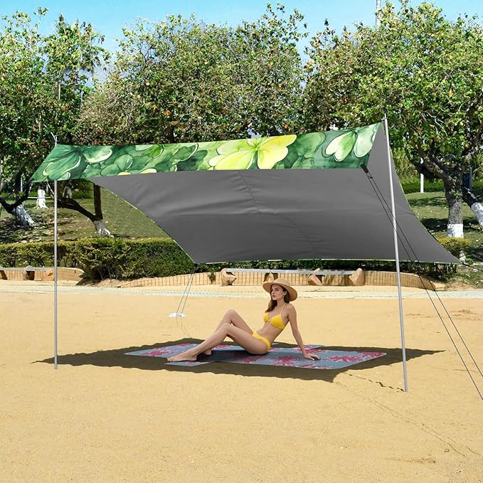 xigua St. Patrick's Day Clover Beach Tent Sun Shelter with Carrying Bag - Silver Coated Oxford Fabric Beach Canopy for Beach Camping Fishing - Includes Windproof Ropes Sandbags &amp Stakes