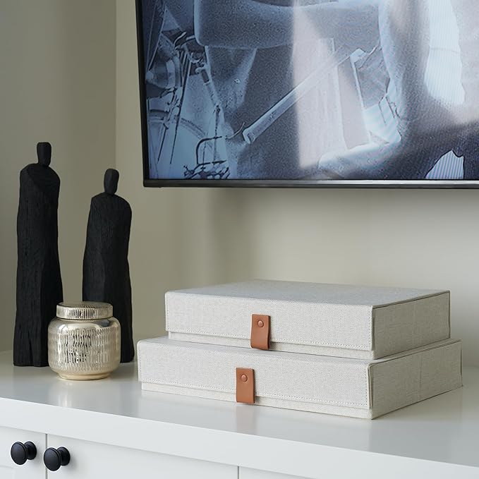 Decorative Photo Storage Boxes with Lids - Set of 2 Beautiful Linen Organizers Are Perfect to Safely Store Your Pictures Documents Scrapbooking Supplies Keepsakes and Other Memories in Style