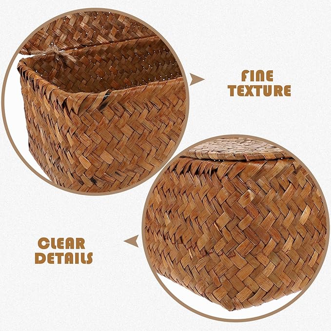 Rattan Basket with Lid Seagrass Baskets with Lid Flat Rattan Storage Bins with Button for Shelf Closet Bedroom