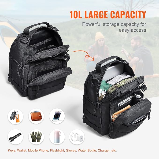 Happybuy Tactical Sling Bag 10L Military Rover Shoulder Sling Backpack with Molle Design and Multi-pocket 600D Tactical Shoulder Bag Ideal for Caping Hiking Black