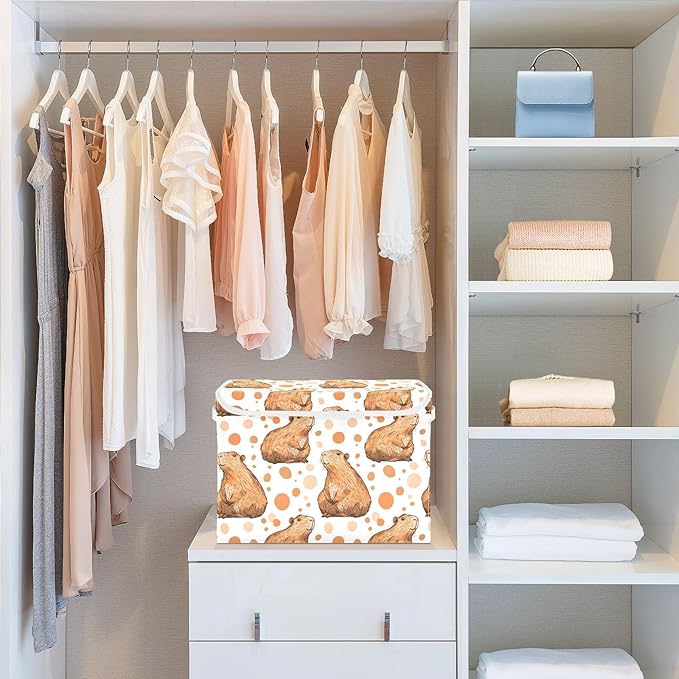 Capybara Dots Storage Cube Bins Basket with Lid Collapsible Flip-top Fabric with Handle for Home Bedroom Closet Office 16.5×12.6×11.8 in