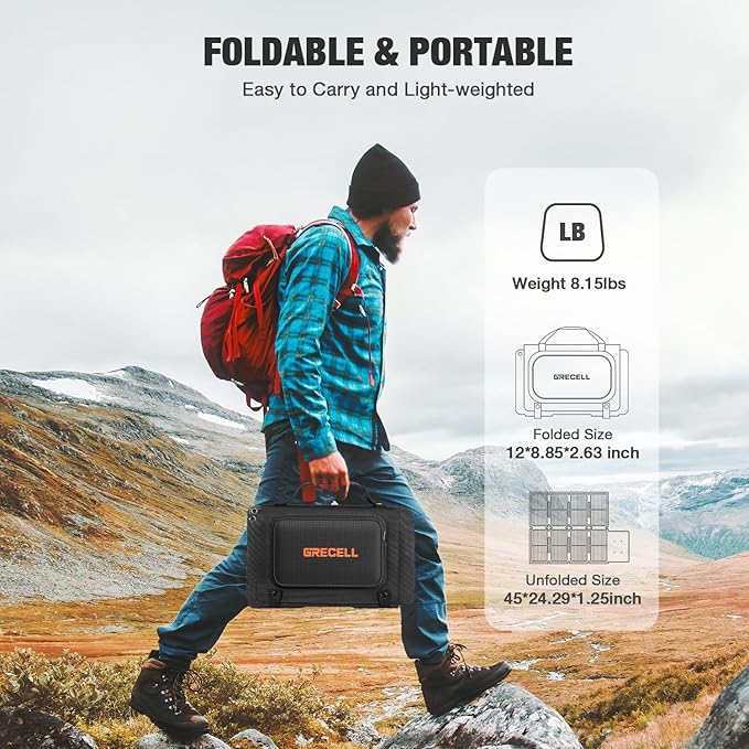 GRECELL 80W Foldable Solar Panel Portable Solar Charger with USB-A and USB-C QC3.0 (18W) IP67 Waterproof Outdoor Cell Phone Solar Charger for Power Banks Tablets Small Power Station