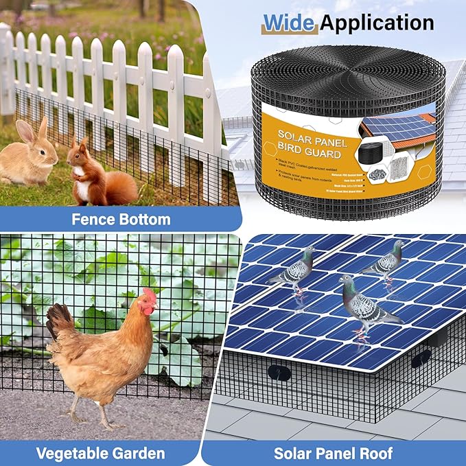 Solar Panel Bird Guard8in x 100ft Critter Guard Galvanized PVC Coated Mesh Roll KitBlack Pigeon Solar Panel Mesh with 70 Fastener Clips ½ inch Wire Critter Guard for Solar Panels