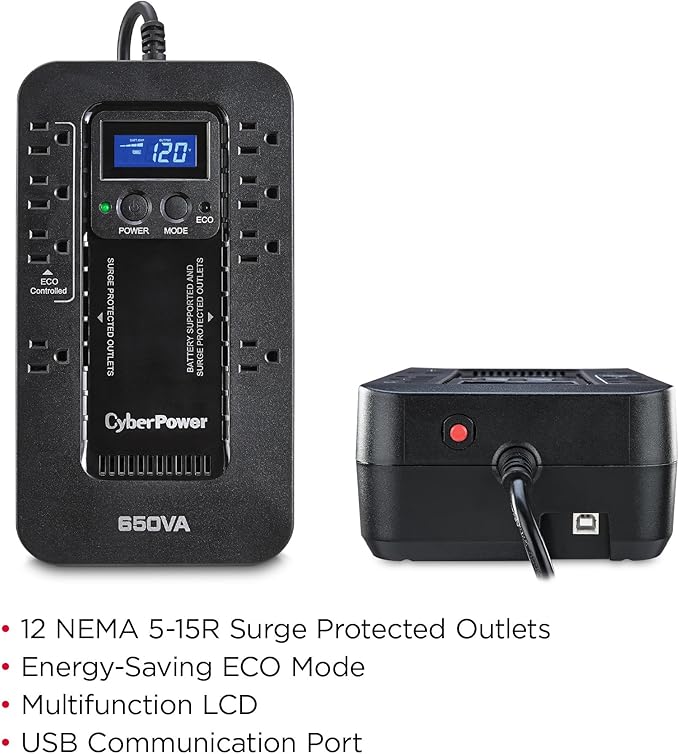 CyberPower EC650LCD Ecologic Battery Backup &amp Surge Protector UPS System 650VA/390W 8 Outlets ECO Mode Compact Uninterruptible Power Supply