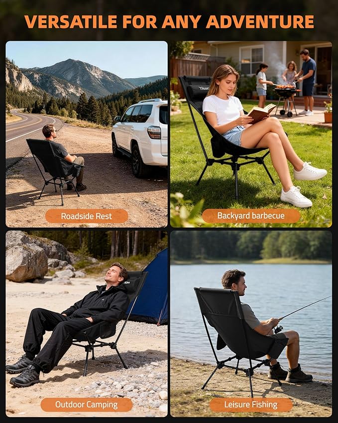 Trakiom High Back Folding Camping Chair Widened Seat &amp Lightweight Black Portable Chair with Stable Design Adjustable Head Support for Beach Camping Festival Hiking and Outdoor Travel