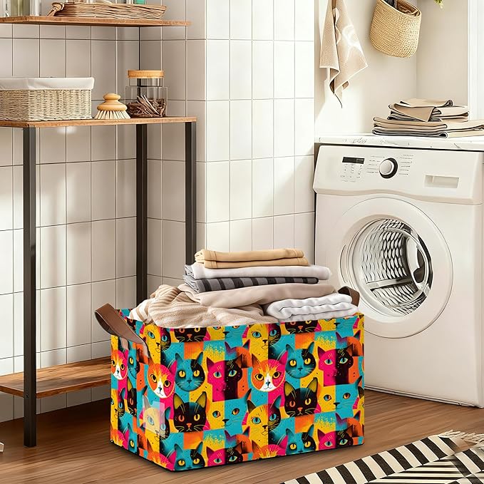 32L Large Storage Bins with Handles Cute Animal Basket Organizer for Shelves Closet Books Laundry &amp Home Decor (Abstract Cat)