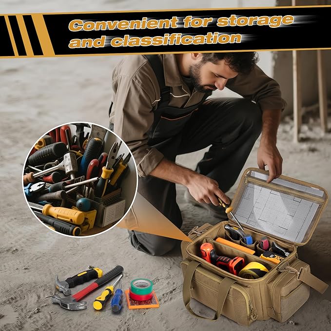 Tactical Tool Bag with Anti-friction Bottom Hand Tool Tote Storage Organizer for Men Small Range Bag for Electricians Carpenters Mechanics and Repairman Khaki