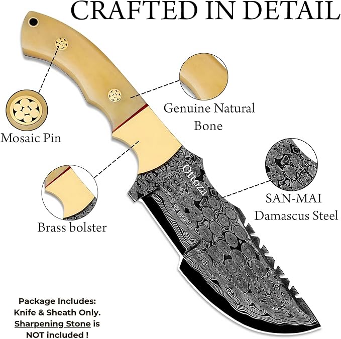 Ottoza Handmade Damascus Hunting Knife with Sheath - Fixed Blade Camping &amp Survival Knives for Men Horizontal Carry Tracker-Style Outdoor Gifts for Men 115