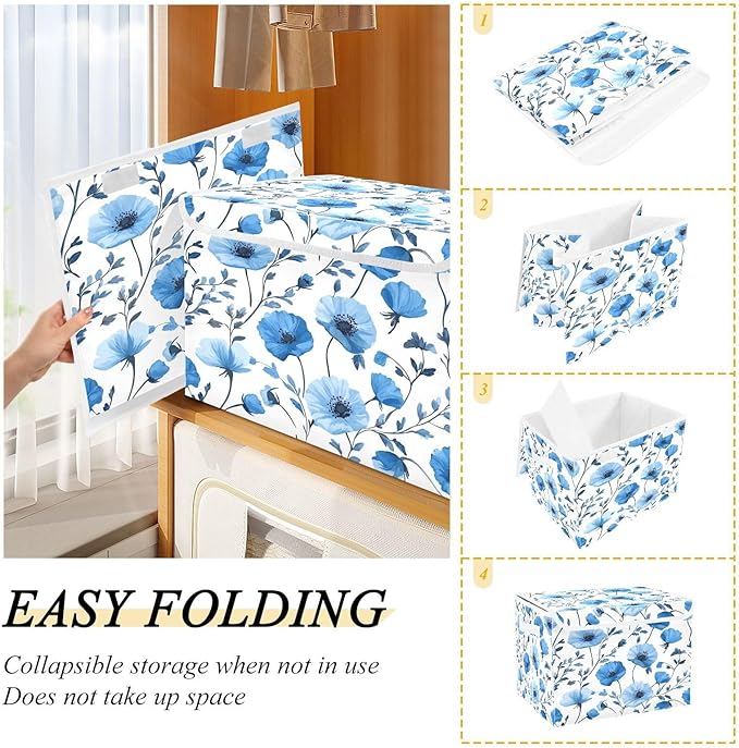 Blue Poppy Flowers and Branches Collapsible Storage Bins with Lids Decorative Fabric Cubes Closet Organizer Basket Boxes Containers for Clothes Box Chest Folding Rectangle