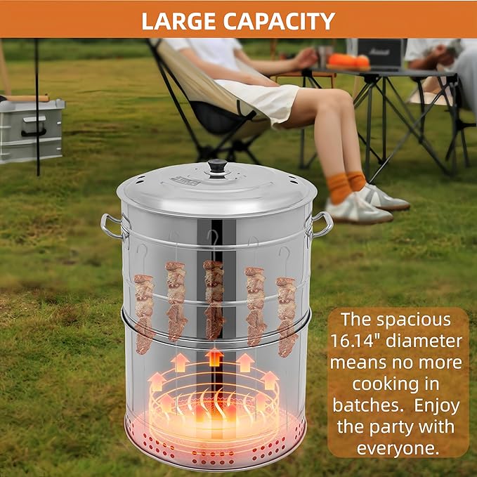 2-in-1 Vertical Smoker Barrel Grill Portable Charcoal BBQ 360° Smokeless Stainless Steel BBQ Grill Barrel for Outdoor Barbecue Camping And Backyard Cooking (Large-50 Skewers)