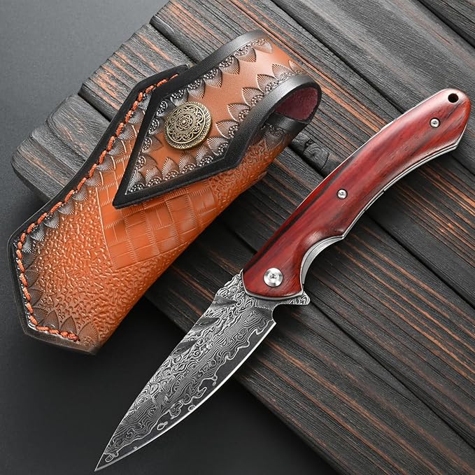 Sitivien ST242 Damascus Steel Folding KnifeFlipper Liner Lock Knife with Damascus VG10 Core BladeDalbergia Handle for Everyday Carry Hunting and Outdoor
