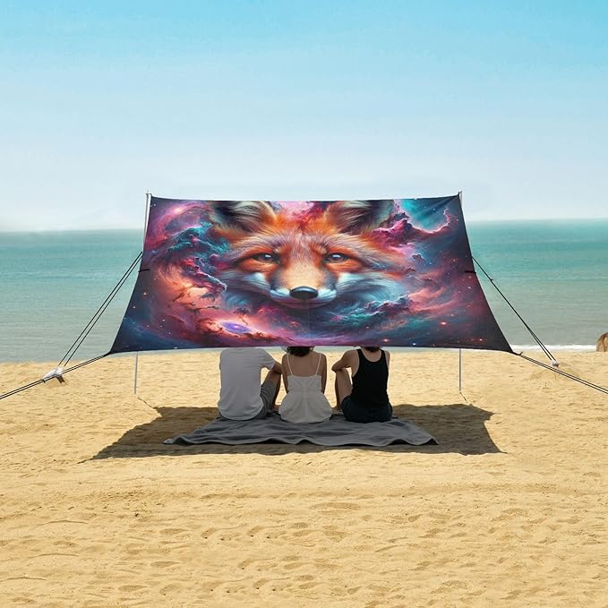 ALAZA Fox Head Galaxy Beach Tent Sun Shelter UPF50+ Protection Beach Shade Canopy w/ 4 Sandbags for Outdoor Camping Fishing Backyard Fun Picnic 10x9 ft