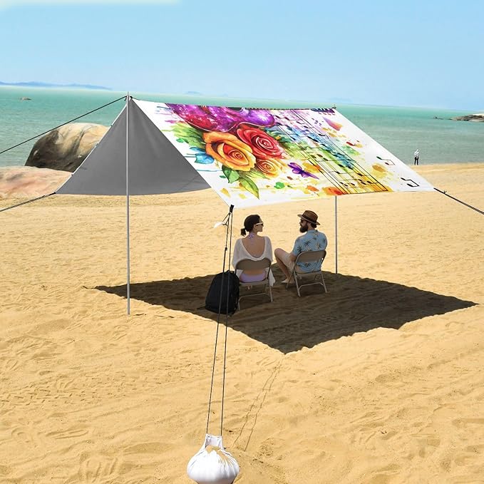 ALAZA Music Notes Guitar Beach Tent Sun Shelter UPF50+ Protection Beach Shade Canopy w/ 4 Sandbags for Outdoor Camping Fishing Backyard Fun Picnic 10x9 ft