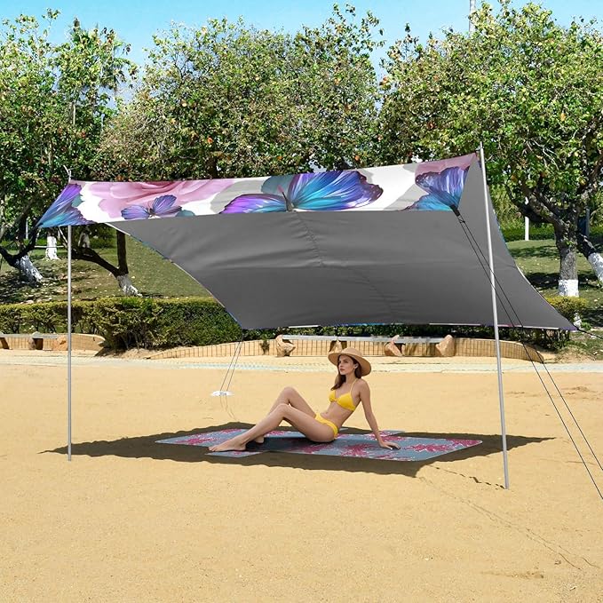 ALAZA Purple Butterflies Rose Flowers Beach Tent Sun Shelter UPF50+ Protection Beach Shade Canopy w/ 4 Sandbags for Outdoor Camping Fishing Backyard Fun Picnic 10x9 ft