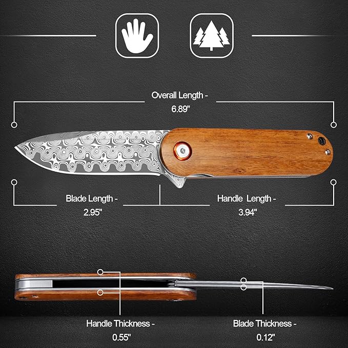 Zingbee Damascus Pocket Knife 2.95 Damascus Steel Blade Pocket Knives &amp Folding Knives Wooden Handles EDC Knife for Women Men