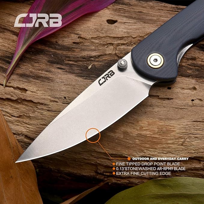 CJRB Folding Knife Feldspar Pocket Knife Stonewash AR-RPM9 Steel Blade G10 Handle EDC Knife Blue Handle-Large(J1912)
