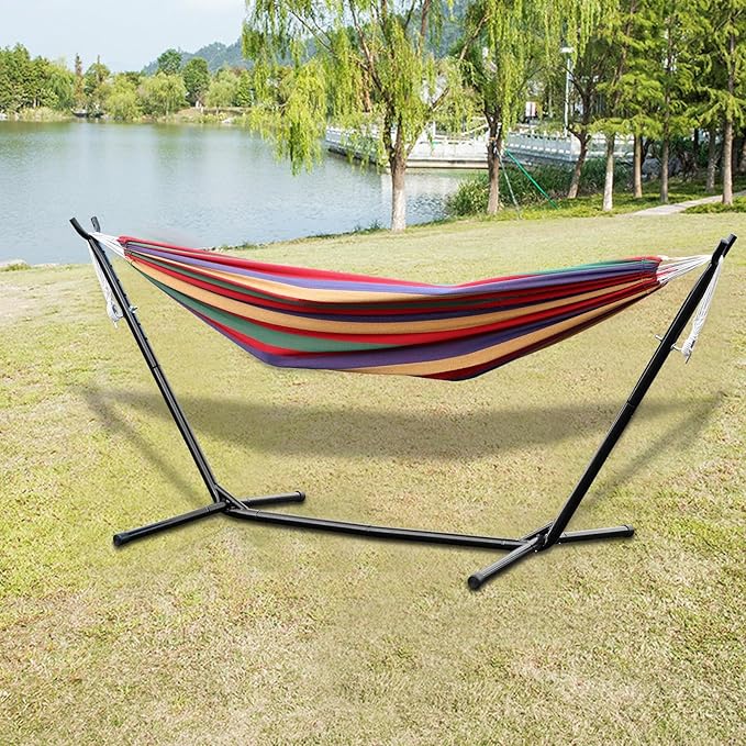 Double Hammock Basics Heavy-Duty Metal Hammock Stand 440 LBS Capacity with Carrying Bag Strong Load-Bearing Striped Print Red
