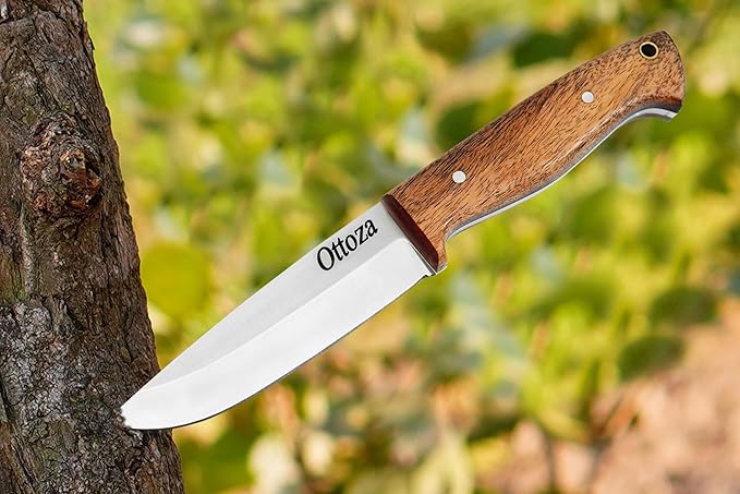 Ottoza Full Tang Bushcraft Knife with 1095 Carbon Steel Fixed Blade - Survival and Outdoor Camping Knife - Musket Wood Handle Brown Leather Sheath 402