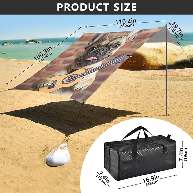ALAZA French Bulldog Dog Holding A Guitar Beach Tent Sun Shelter Portable Canopy Sunshade for Outdoor Camping Picnics Backyard Fun 10x9 ft