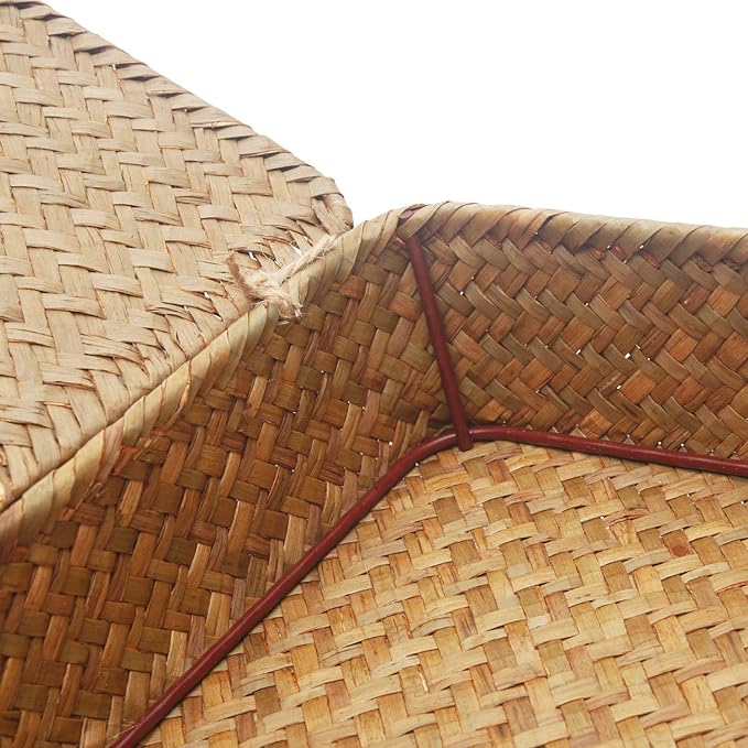 DOKOT Flat Seagrass Storage Bins with Lid Wicker Basket for Shelf Organize Set of 2 (Small+Large)