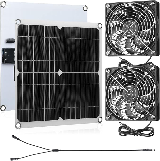 Riakrum 20W 16V Solar Panel Exhaust Fan Kit USB Portable Solar Powered Fan Summer Outdoor Waterproof Ventilator Fan for Chicken Coops Greenhouses Camping Exhaust (1 Set)