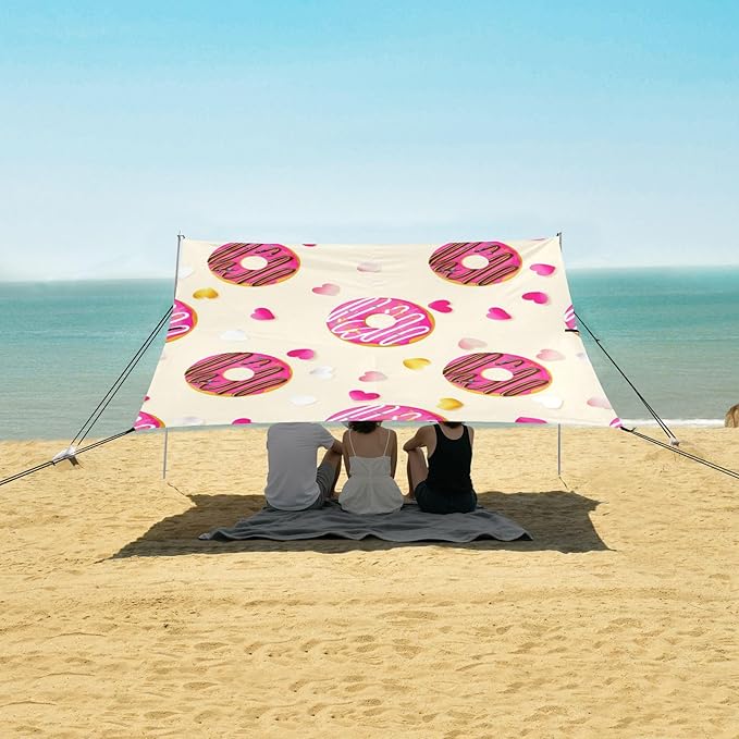 Beach Canopy with Windproof Ropes &amp Sandbags Beach Tent Sun Shade Sun Shelter for Camping Trips Fishing Backyard Fun or Picnics Donut