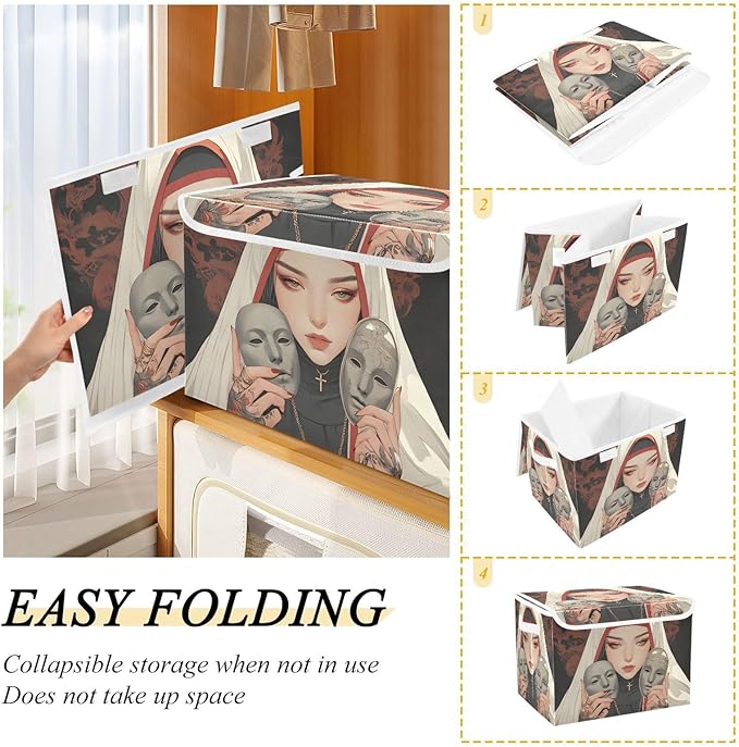 AIXIWAWA Lidded Storage Cube (Anime Cool Lady) Fabric Foldable Closet Bins with Flip Lid and Handles Organizer Basket Container 16.5 x 12.6 x 11.8 IN