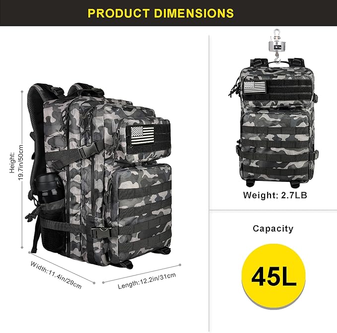 Zavothy 45L Military Tactical Backpack Army 3-Day Assault Pack Bug Out Bag for Hiking Camping | Army Bag Large Rucksack with Molle System