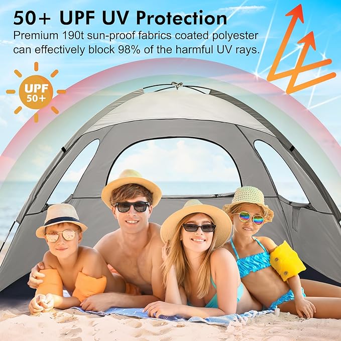WhiteFang Beach Tent Anti-UV Portable Sun Shade Shelter for 3/4/6/8 Person Extendable Floor with 3 Ventilating Mesh Windows Plus Carrying Bag Stakes and Guy Lines
