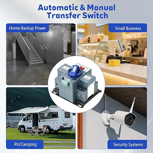 110V 63A Automatic Transfer Switch (ATS) for Home Generators - Dual Power Source Changeover with Auto/Manual ModeInstant Changeover for Home/Commercial/RV/Backup Generator