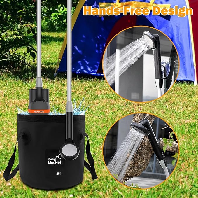 Portable Shower Camping Shower Outdoor Camp Shower Pump with 5 Gallons Collapsible Bucket Rechargeable Shower Battery Powered Handheld Shower Head kit for Camping Beach Washing Pet Cleaning