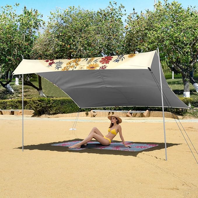 Spring Flowers Daffodil Iris Succulent Plants Beige Foldable Beach Canopy UPF50+ Protection Water-Resistant Sun Shelter with Sandbags &amp Sand Shovel for Backyard and Camping