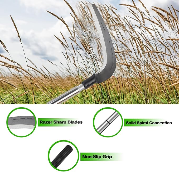 Scythe Tool for Grass Cutting Weeding Sickle Garden Tools for Clearing Bushes Brush Vines in Yard Fields Ditches Paths Landscaping Weed Razor Cutter Machete for Farming Harvesting