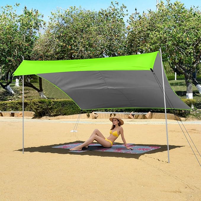 Green Color Beach Tent UPF50 Lightweight Sun Shelter with Sand Pockets for Camping Picnics Backyard